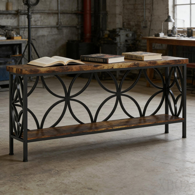 Coffee Table,Industrial Sofa Table,2-Tier Console Table, Black, Rustic Brown