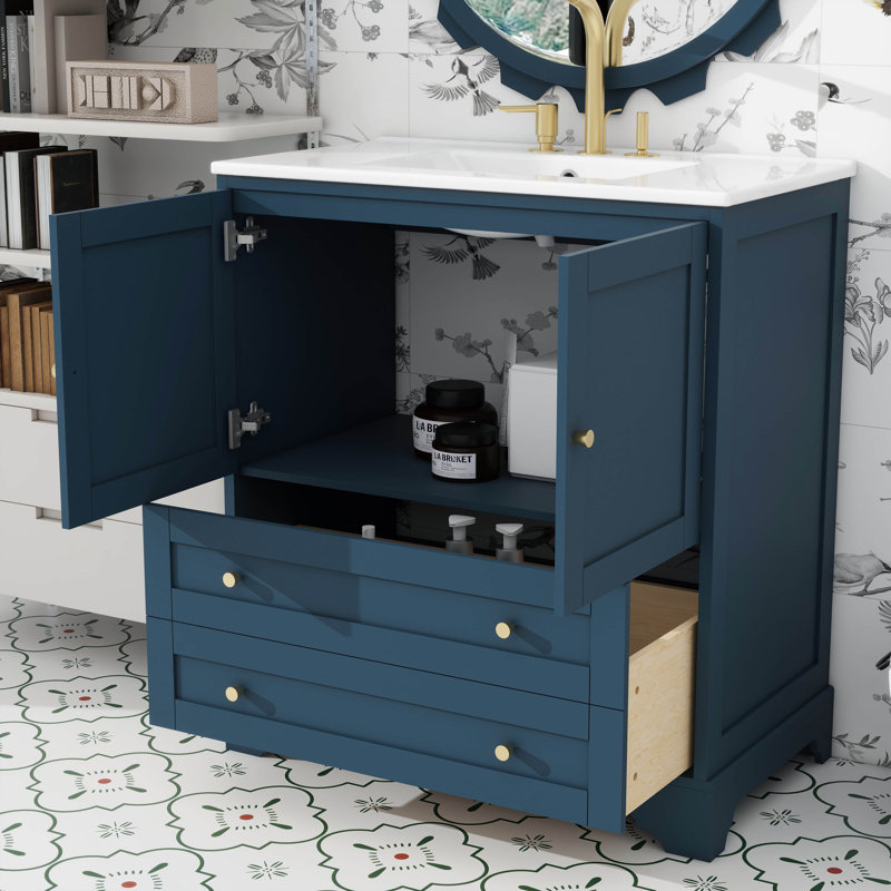 Meuble-lavabo autoportant moderne avec poignées 30 po avec lavabo en céramique