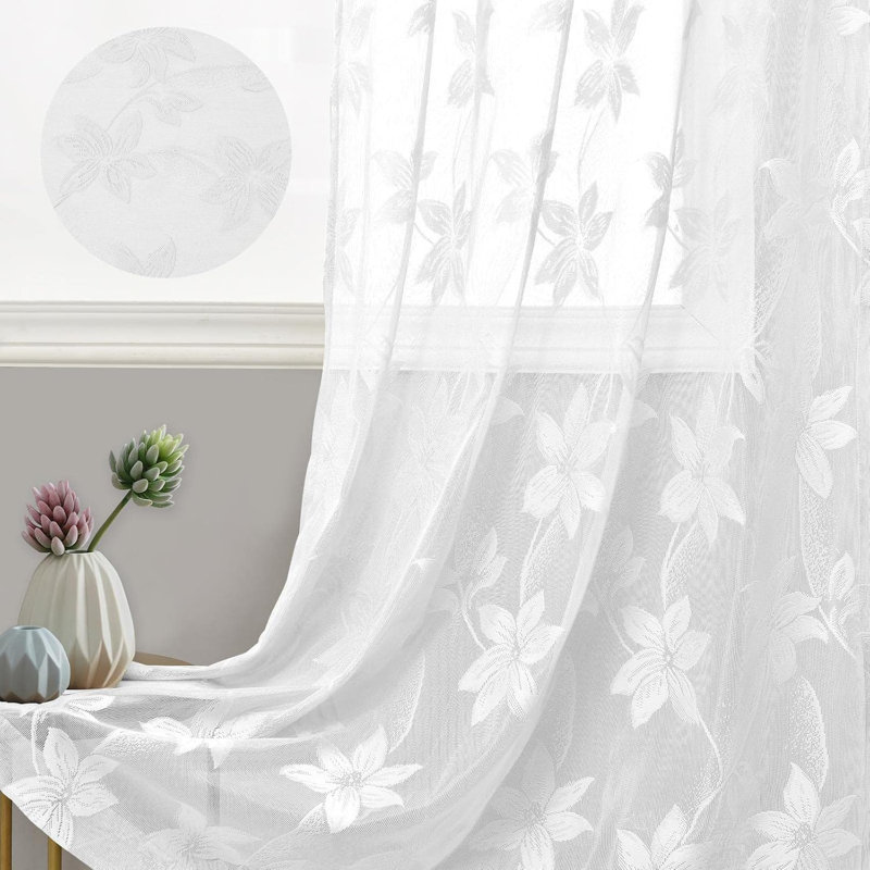 2 Panels Sheer Rod Pocket Curtains - Window Voile Floral Lace Drapes for Bedroom Kitchen Short Curtains, 52" W x 36" L
