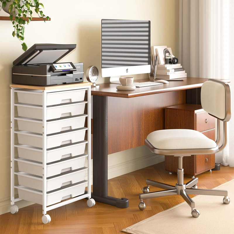 Chariot de rangement roulant avec 8 tiroirs, organisateur mobile avec plateau en bois pour l'organisation de cosmétiques de bureau, de salle de classe, de dortoir, de salle de bain et de maquillage