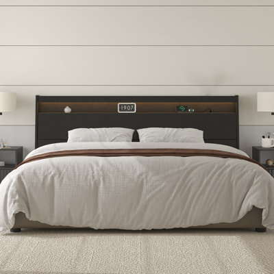 King Size Headboard with LED Lights, Storage Compartment & Built-in Charging Station, Wood Grain Modern Headboard Only for Bed with RGB Ambient Light, Remote & App Control