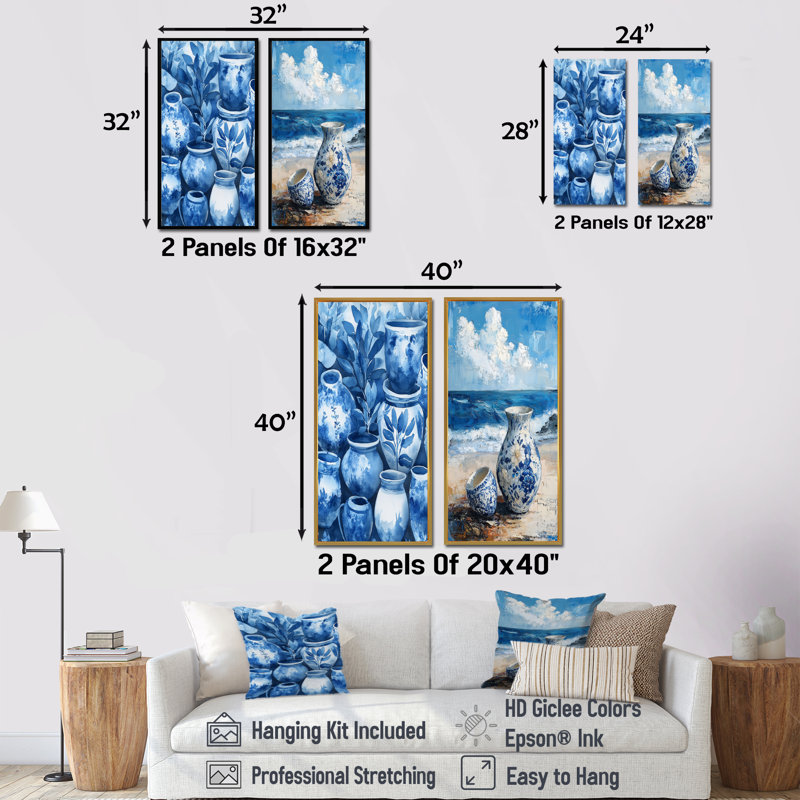 Ensemble de 2 pièces d'art mural bleu et blanc Boho, H 28 po x l 24 po, Impression encadrée, Blanc