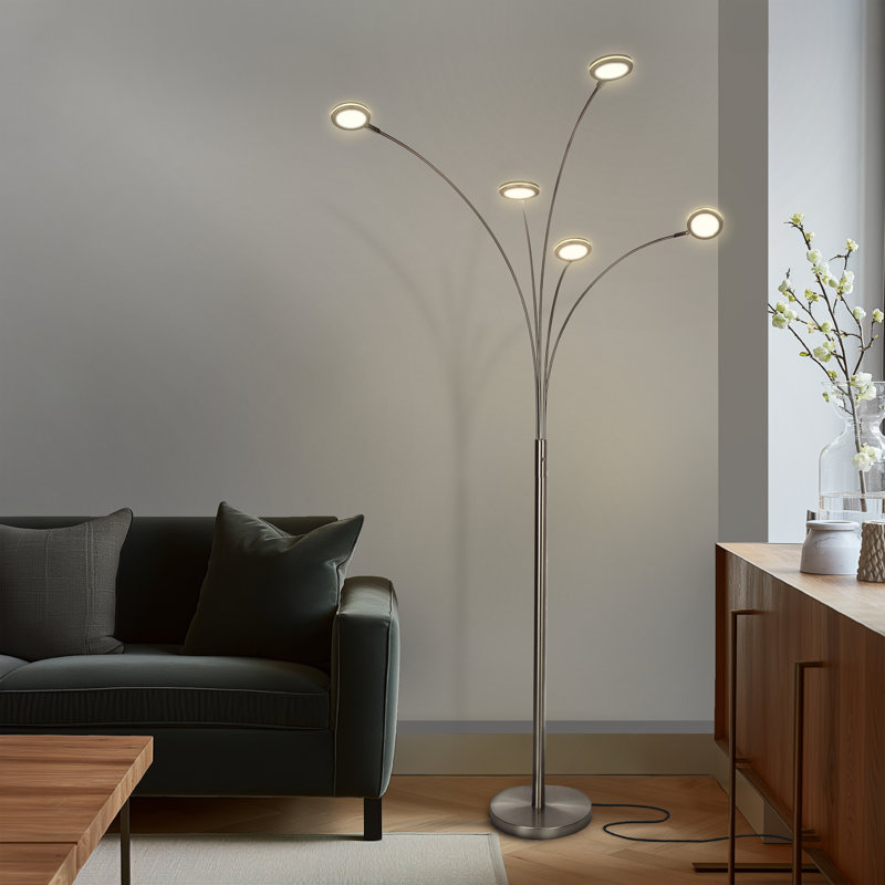 Orion 74 in. Industrial 5-Light LED Floor Lamp with Adjustable Swing Arm Heads, Nickel