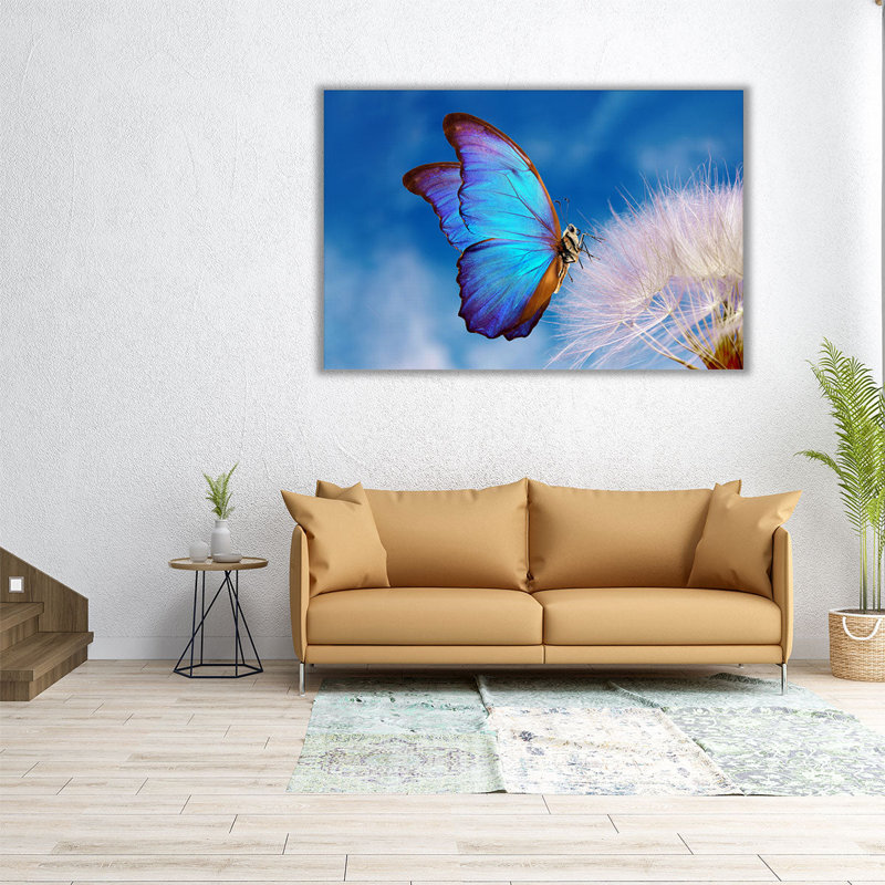 «Morpho Butterfly and Dandelion Flower with Blue Sky», reproduction d'art sur toile, H 12 po x l 18 po