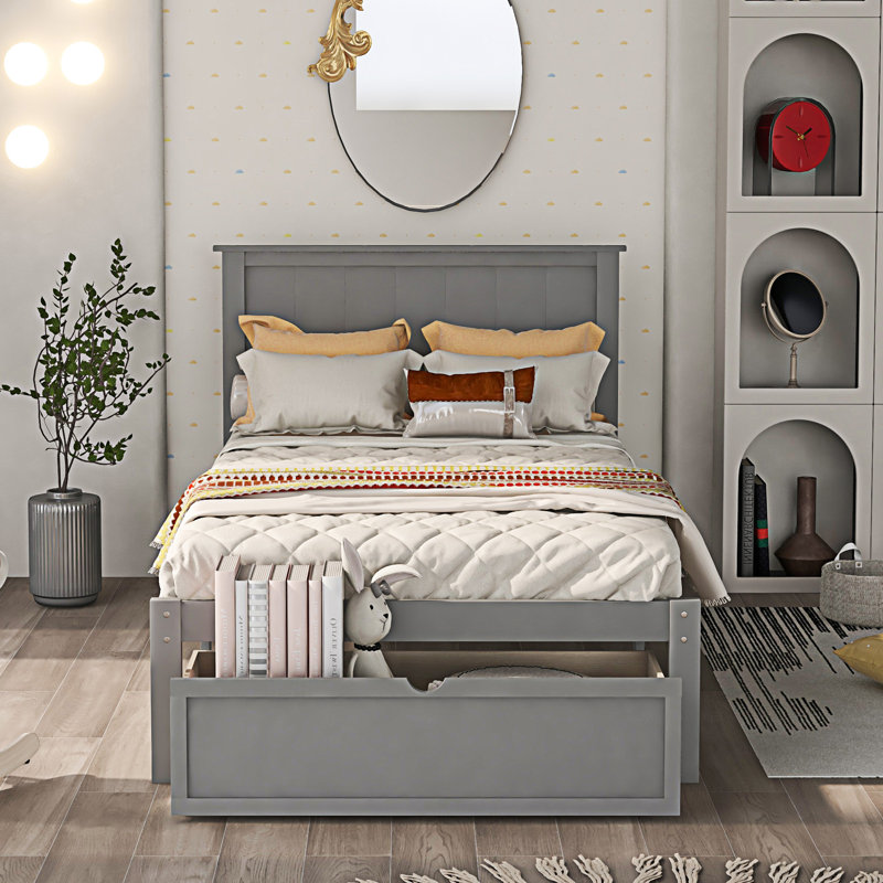 Solid Wood Platform Storage Bed, Gray, Full