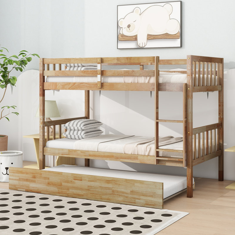 Lit simple en bois d'hévéa avec lit gigogne et conception amovible, Oak