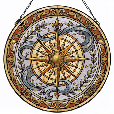 Compass Rose Stained Glass Window Panel，12"H