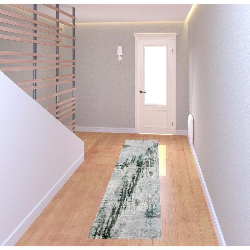 Tapis gris / bleu sarcelle antidérapant Matney, Tapis de couloir 2 pi x 8 pi