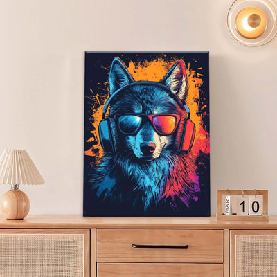 Husky Wall Art, Banksy Husky Pictures Wall Decor, Graffiti Funny Dog Canvas Prints Painting, Framed Artwork For Gamer Room Bathroom Bedroom Living Room Office 16"X12"