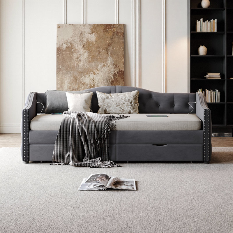 Lit de jour simple rembourré en velours gris avec tiroirs de rangement - conception américaine, aucun sommier tapissier requis, peu encombrant