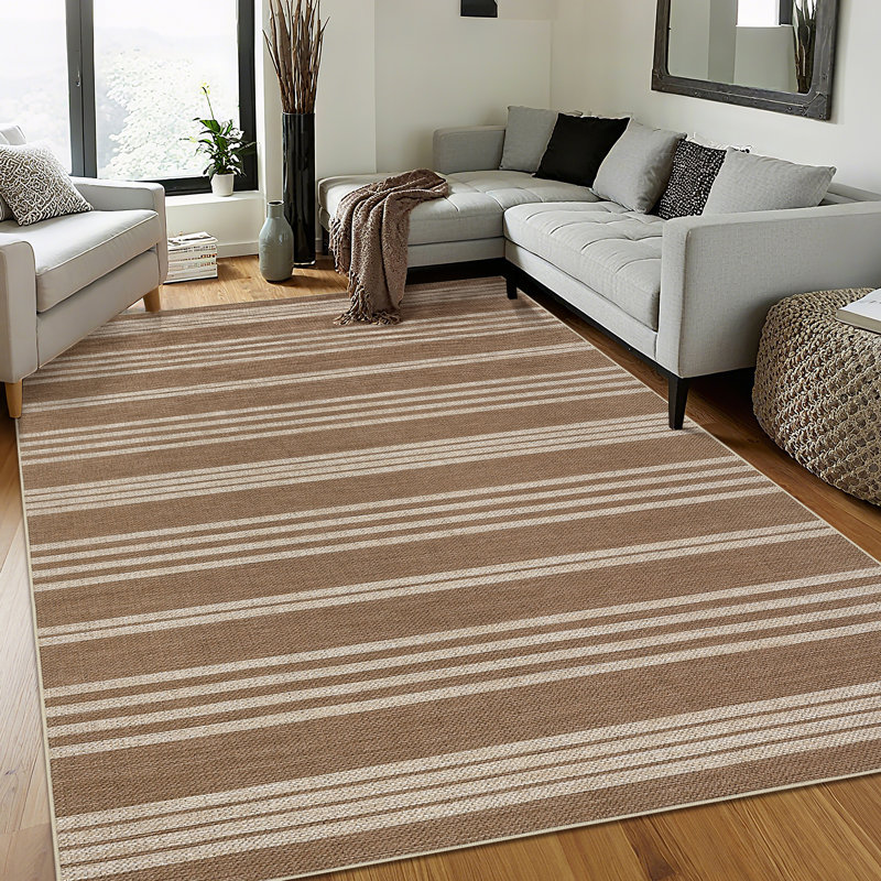 Washable Easy Jute Rug Modern Striped Living Room Rug with Non-Slip Backing, Non Shedding Neutral Floor Mats, Indoor Outdoor Carpet for Bedroom, Patio, Backyard
