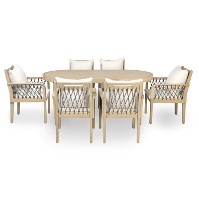 Solyn Patio 6-Person Acacia Wood Dining Set With Oval Slatted Tabletop & Woven Rope Arm Chairs