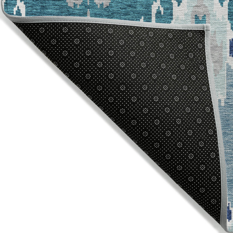 HomeRoots 3' X 5' Teal Blue Navy Blue And Gray Ikat Washable Indoor Outdoor Area Rug