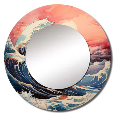 Masterpiece Pink The Great Wave Of Kanagawa I - Masterpiece Mirror, Pink Round Decorative Wall Mirror, Printed Metal Art