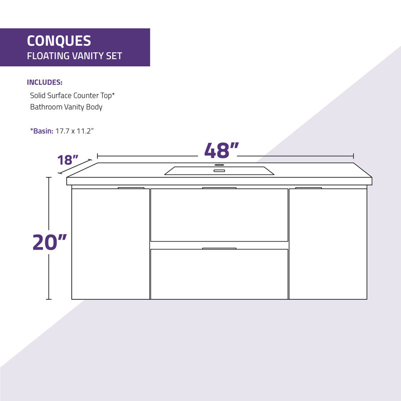 Ensemble de meuble-lavabo mural simple 48 po Conques, Brun