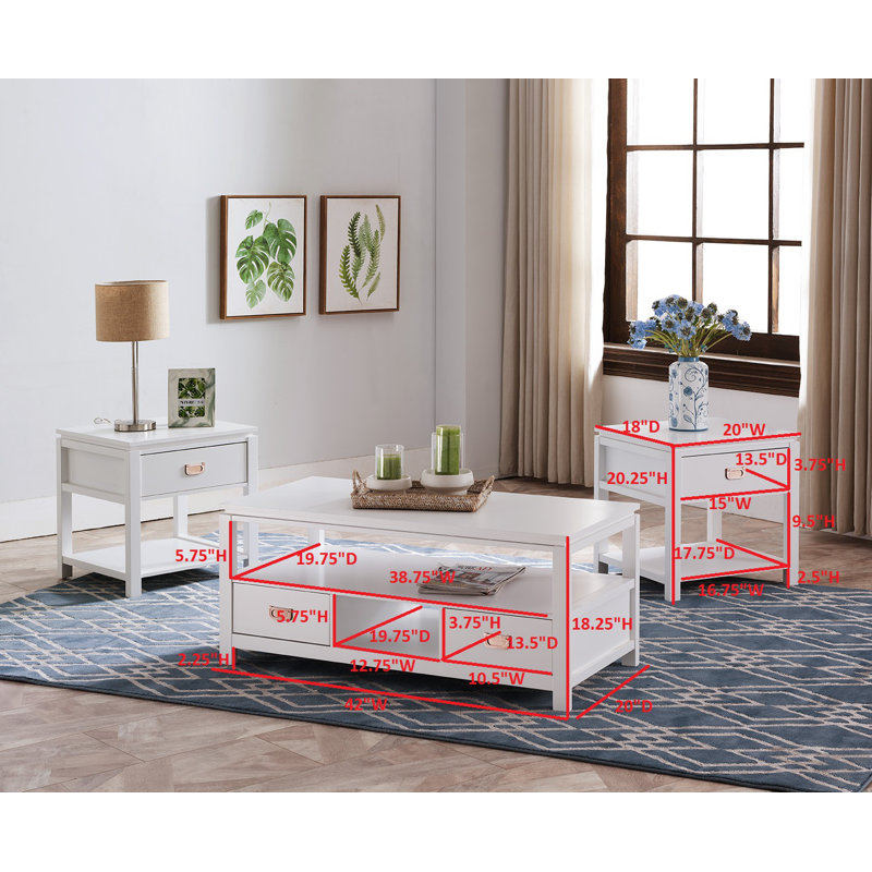 Ensemble de 3 tables d'appoint, tables basses et 2 tables de bout avec rangement en bois blanc Groce, Blanc