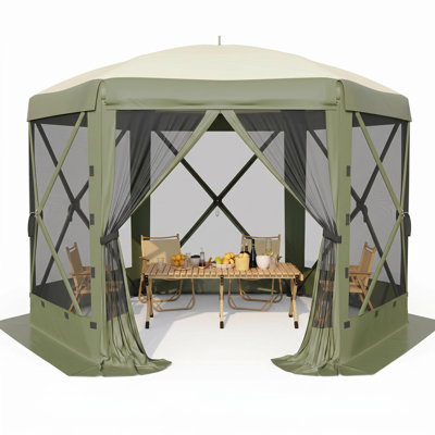 13x13FT One-Push Canopy Tent with Mesh Netting & 6 Wind Panels, Army Green
