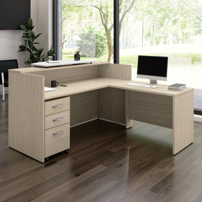 Bureau de réception en bois manufacturé en forme de L de 72 po x 72 po Arrive avec 3 pédales et un comptoir réversible Arrive