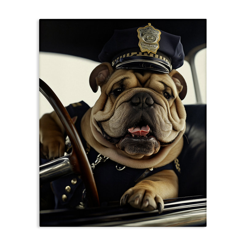 «Police Dog in Car», art mural sur toile par Ray Heere, H 20 po x l 16 po
