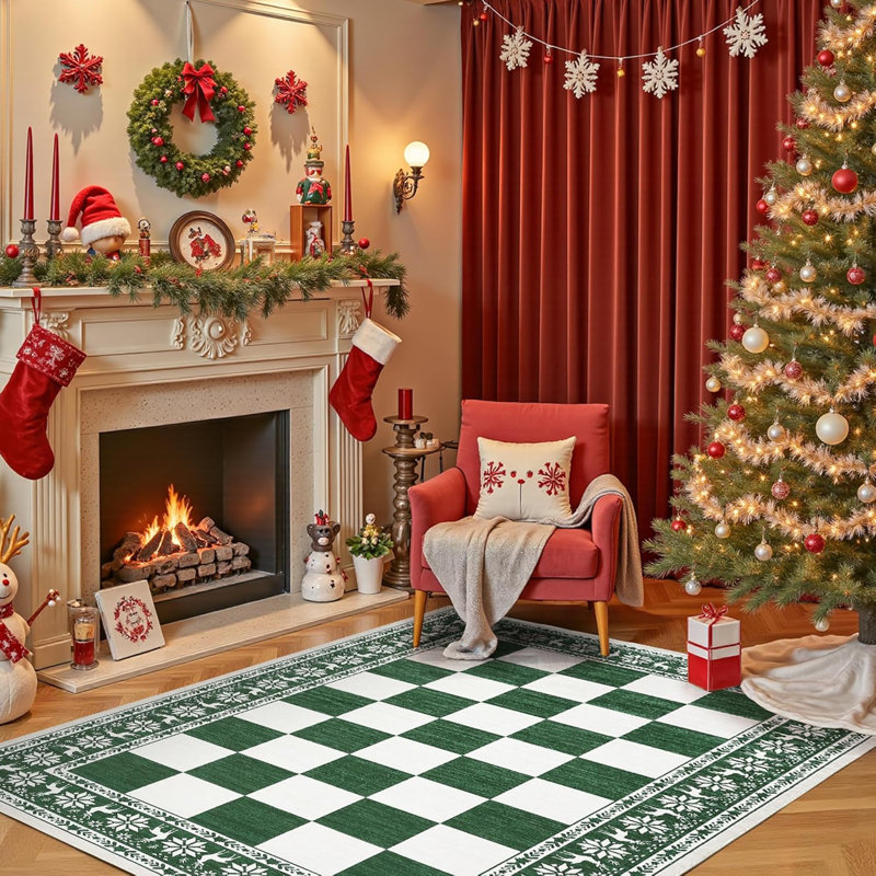 Rug, Checkered Christmas Rugs for Holiday Decor, Non Slip Low Pile Washable Rug for Kitchen, Entryway, Living Room, Bedroom, Red