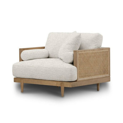 Senu Accent Chair, Rattan Woven Armrest, White, Brown Solid Wood