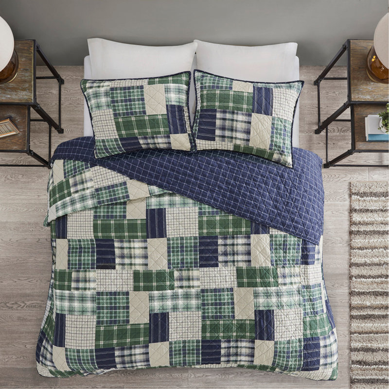Ensemble de courtepointe réversible imprimée 3 pièces vert / bleu marine / grand