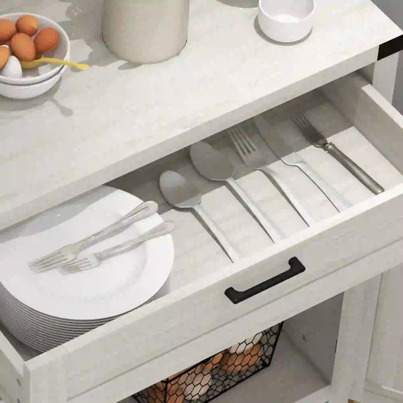 Buffet moderne avec rangement, armoire buffet avec portes de grange et tiroir, console de salle à manger en blanc vieilli