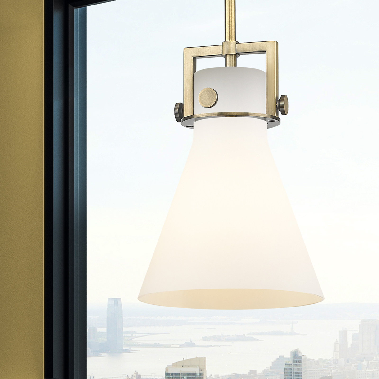 Coterie Single Light Glass Dimmable Pendant, Brushed Brass, Matte White, 11.38" H x 8" W x 8" D