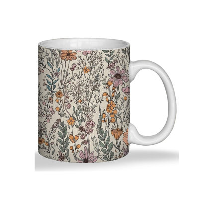 Vintage Floral Mug, Flower Ceramic Cup With Handle, Rustic Farmhouse Botanical Wildflower Porcelain Tea Mug, 11 Ounce