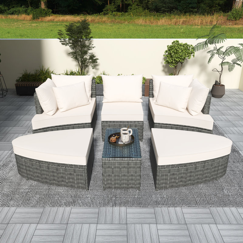 6-Piece Outdoor Wicker Sofa Set With Coffee Table, White/Black