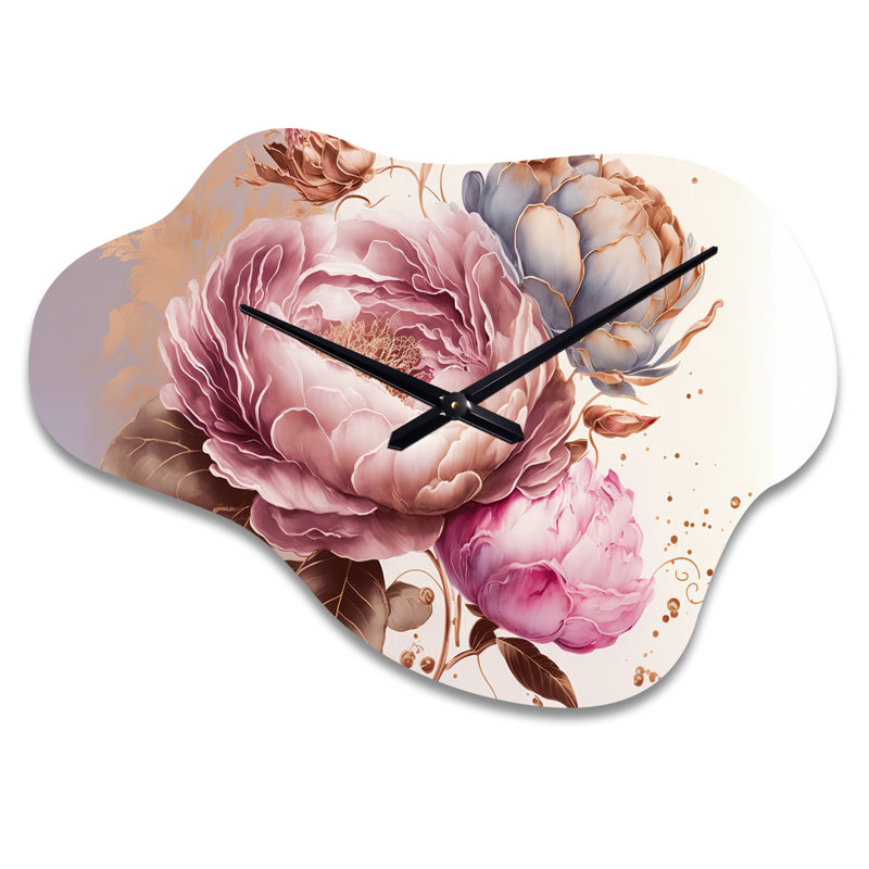 Almer Pink And Gold Rose I - Rose Asymmetrical Metal Wall Clock, Pink Cloud Wall Clock Print, Small