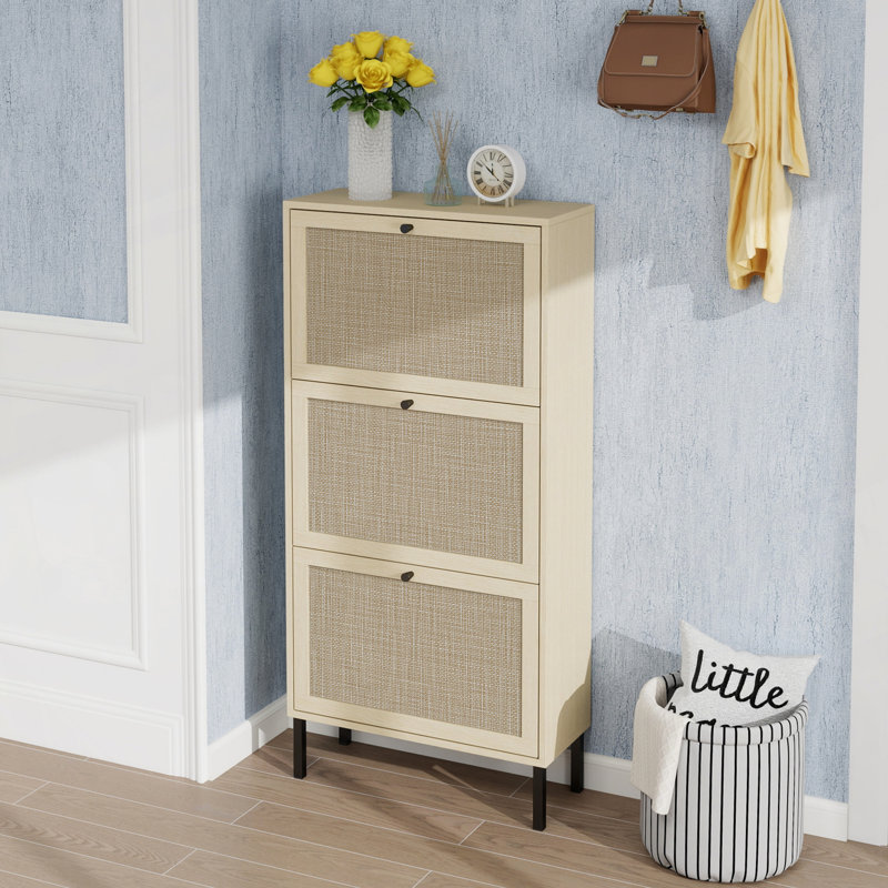 Rattan 3 Door Shoe Rack, Freestanding Modern Shoe Storage Cabinet, for Entryway, Natural