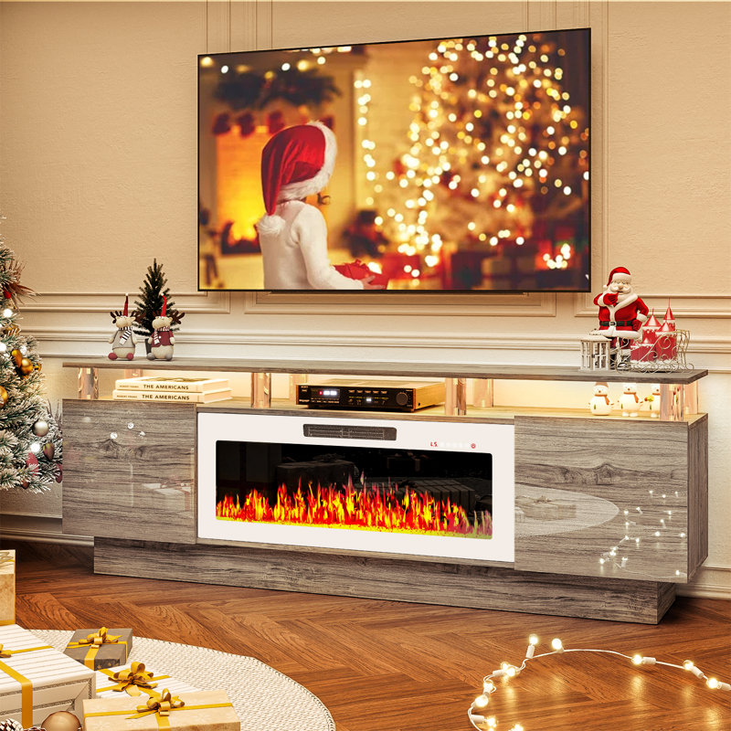 Meuble télé à 2 niveaux de 70 po avec foyer électrique brillant, Gris / Blanc