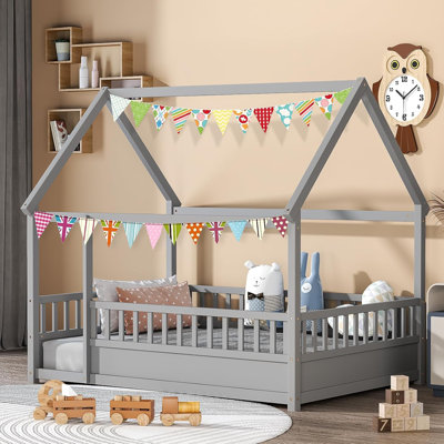 House Bed for Kids, Wooden Montessori Bed with Fence and Roof for Toddlers, Kids Floor Bed Frame