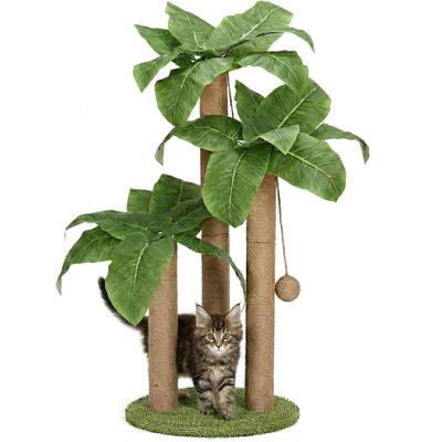 Bird of Paradise Cat Scratching Post, 31.5" Tall 3-Post Sisal Cat Tree, Tropical Plant Scratcher with Hanging Balls, Indoor Cats, Green Base
