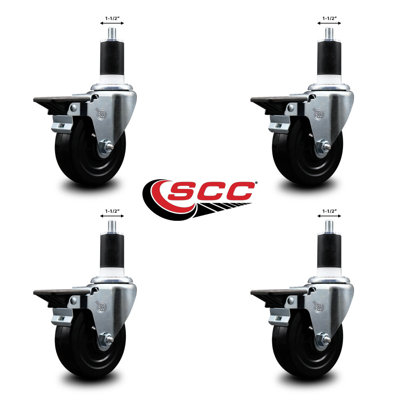 Hard Rubber Swivel Expanding Stem Caster Set with Brake SCC PLB 4" x 1-1/2"