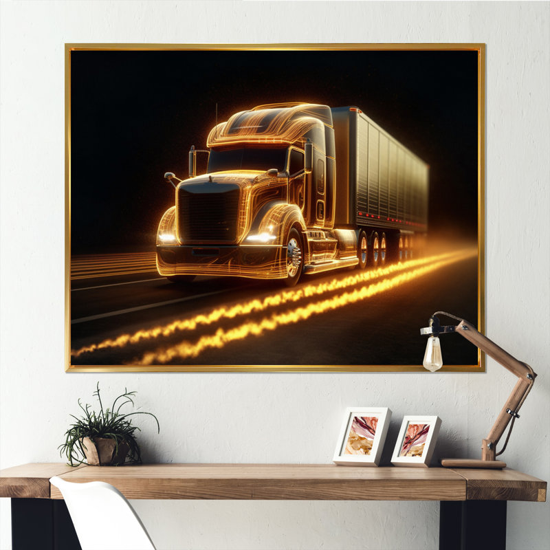 Camion jaune semi-néon sur toile, Cadre flottant doré, H 30 po x l 40 po x P 1,5 po