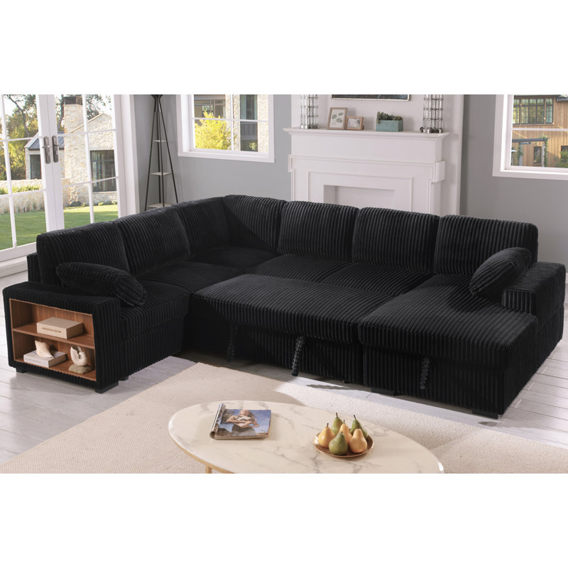 U-Shaped Sleeper Sectional Sofa with Pull Out Bed, Upholstered Sofa Bed Couch with Storage Chaise&Storage Armrest