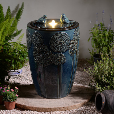 Blue Ceramic Bird & Dandelion Fountain, Decorative Water Fountain with LED Lights and Quiet Pump, Indoor Outdoor Water Feature for Patio, Garden, Deck, Balcony, Office and Home Décor, Relaxing Cascading Water Design