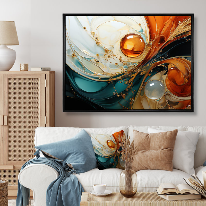 Orange et or planète vagues III - peinture abstraite, art mural, H 12 po x l 20 po x P 1 po, Cadre flottant noir