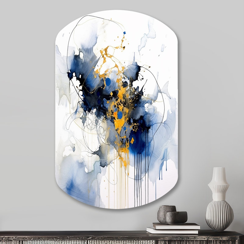 Dark Blue and Gold Strokes XIII - Fractals Asymmetrical Metal Wall Decor, Modern Cylinder Metal Art Print