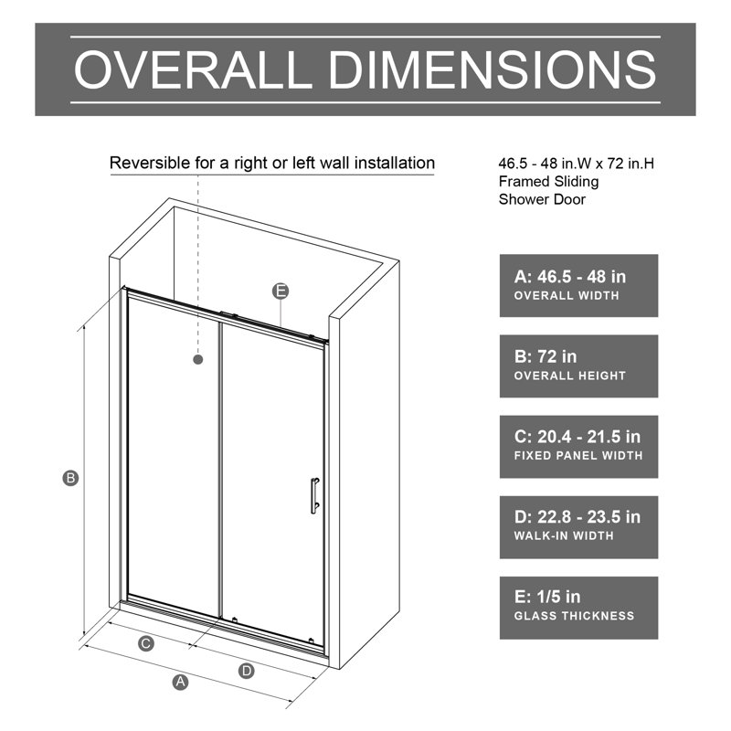 48 In W X 72 H Single Sliding Shower Door, 1/5 Inch Thick Clear Tempered Glass, Finish, Zinc Alloy Rollers For Quiet Operation, Stain - Door With Aluminum Frame, Rust , Left Or Right