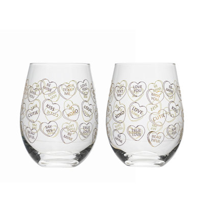 10 Stawberry Street Candy Hearts Stemless Wine Glasses Gift Set, Gold