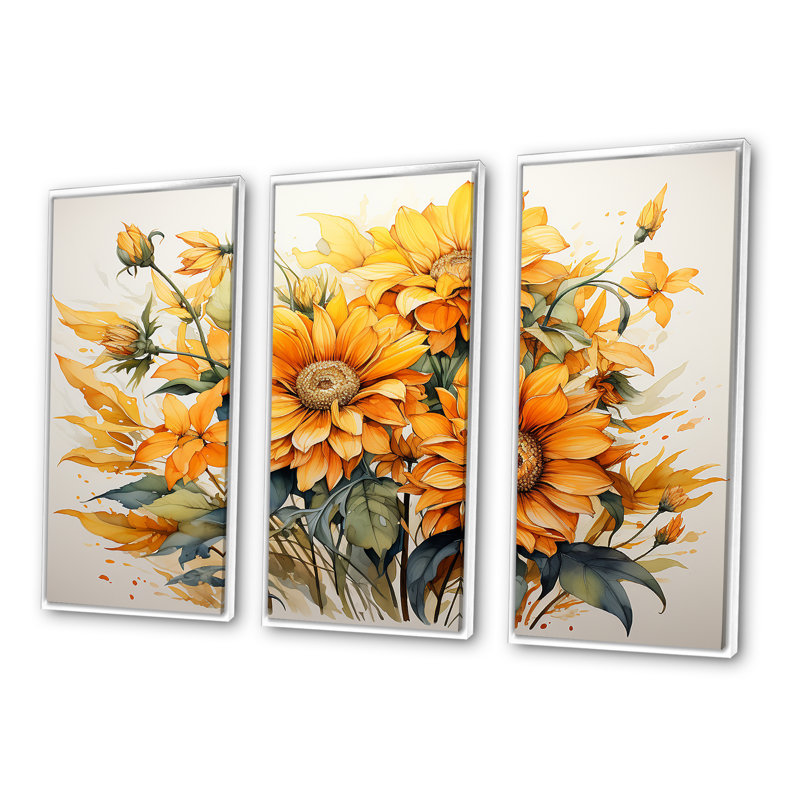 Tournesols, minimalisme, ensemble d'art sur toile, H 40 po x l 60 po x P 1 po, Cadre flottant blanc