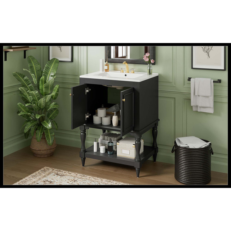 Meuble-lavabo de luxe moderne 24 po avec lavabo en céramique, armoire avec tablette ouverte et espace de rangement fermé