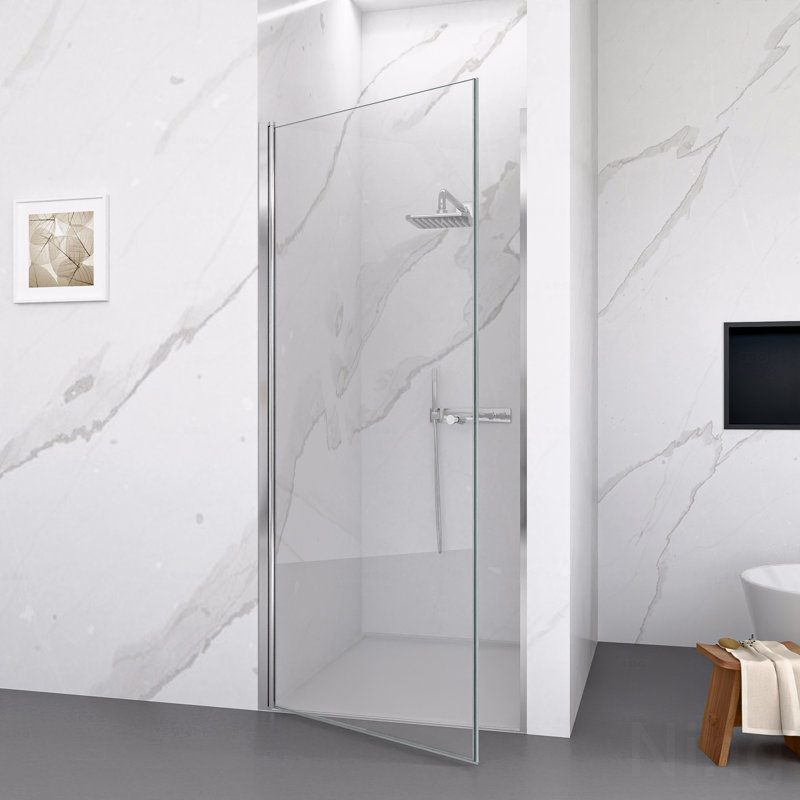 Porte de douche à ouverture pivotante semi-sans cadre en chrome avec verre trempé épais de 1/4 po (6 mm), Chrome chrome