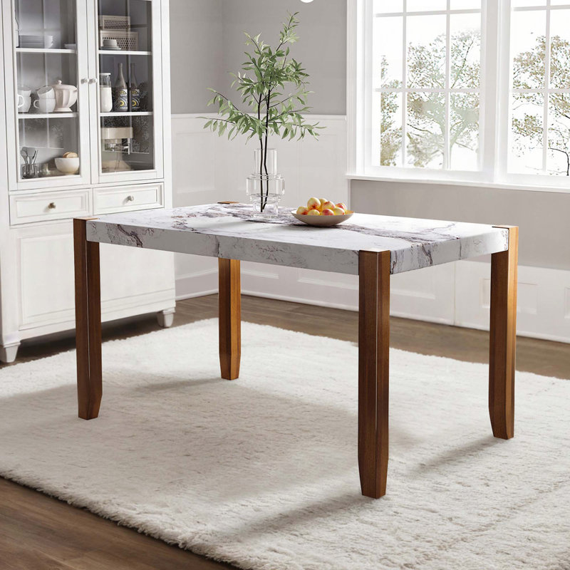 Rectangular Faux Marble Dining Table with Solid Wood Legs (46.5")