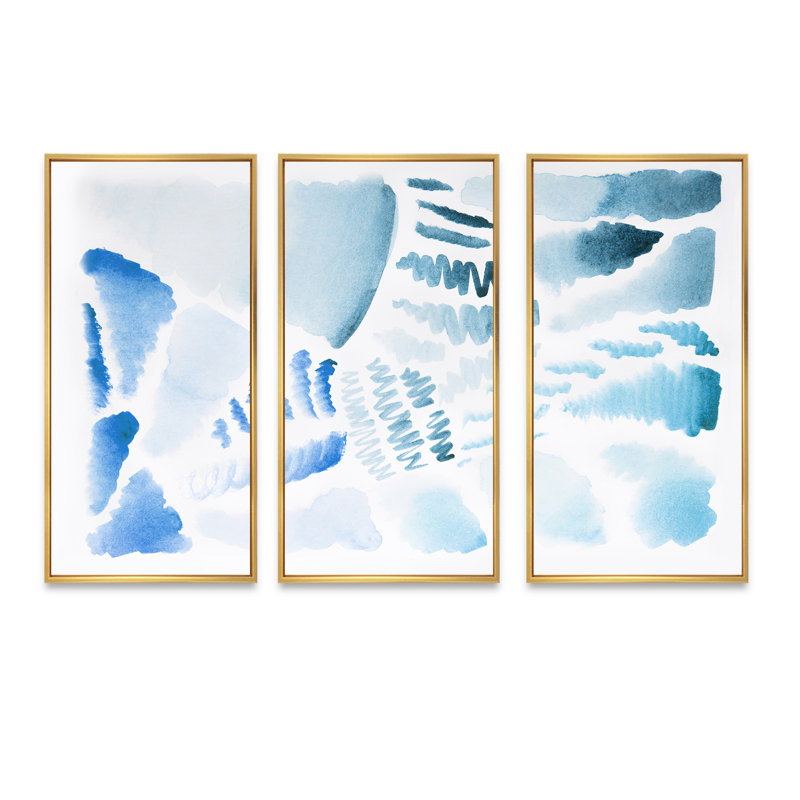 «Retro Elements In Blue And Green II», peinture sur toile flottante 3 pièces, L 36 po x H 28 po, Encadrement doré