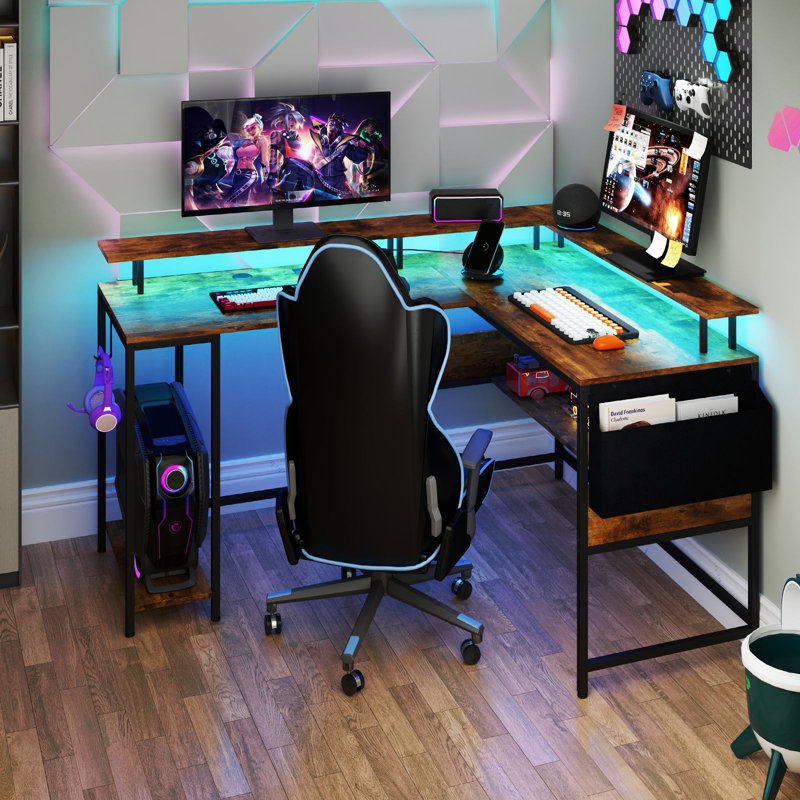 L-Shaped Metal Base Computer Desk, Brown