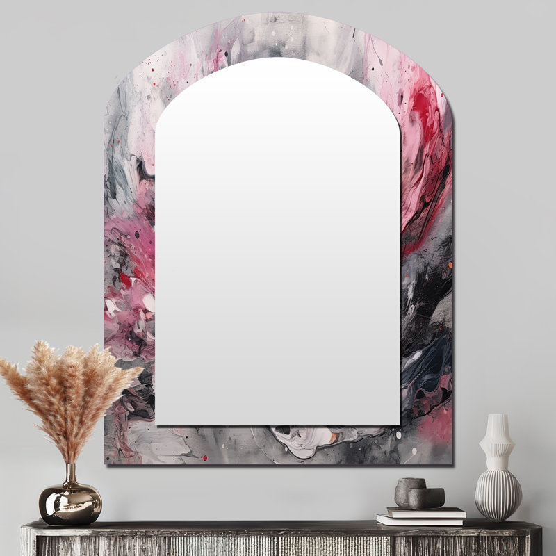 Evolving Shapes In Pink Marble I - Geometric Arch Wall Mirror, Pink Asymmetrical Decorative Mirror, Printed Metal Art